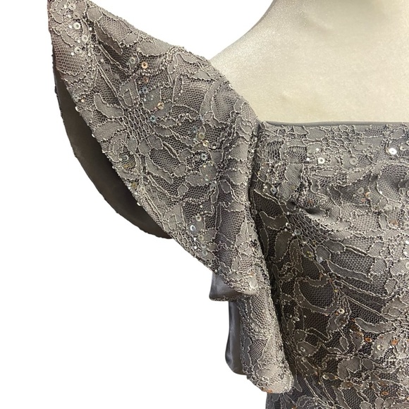 Hailey by Adrianna Papell One-Shoulder Lace Evening Gown Size 12 Grey Sequins - Picture 2 of 10